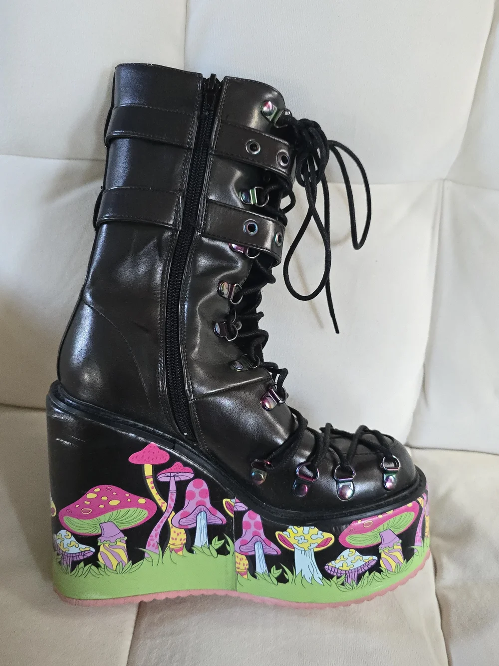 Black Platform Lace-Up Boots with Neon Mushroom Print
